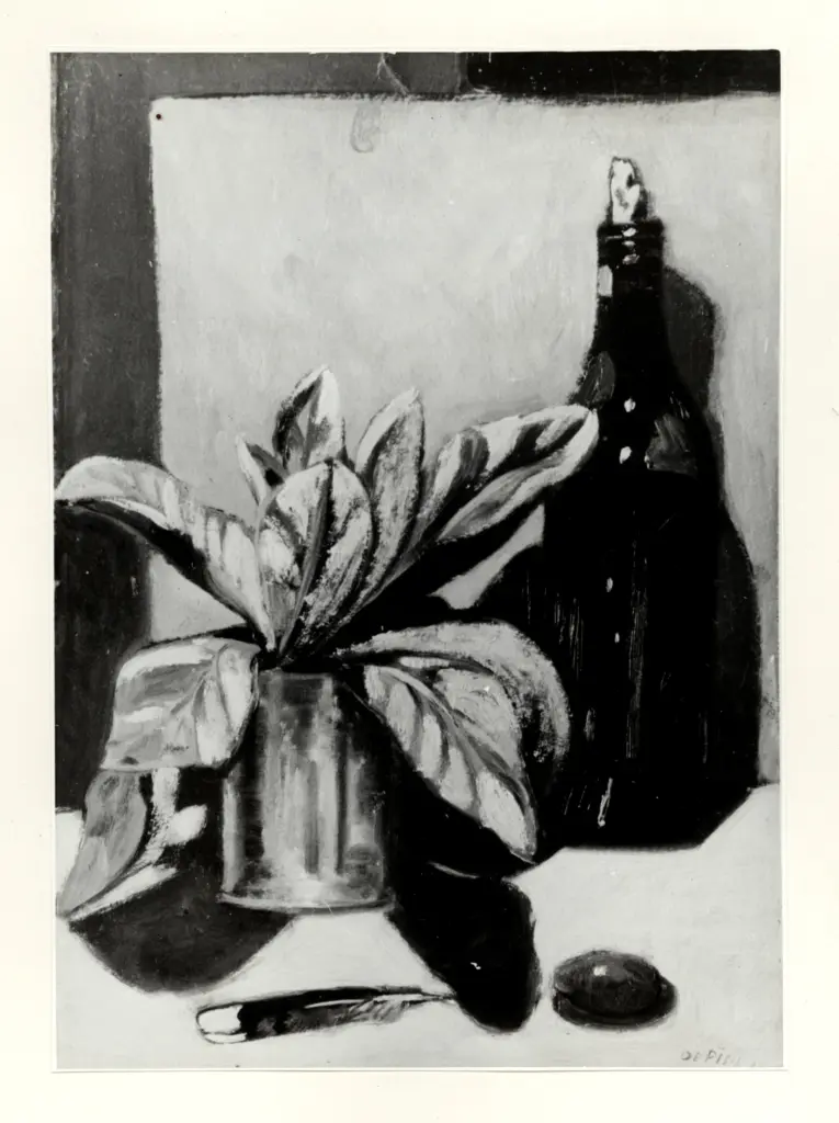 Anonimo , De Pisis, Filippo - sec. XX - Bottiglia con foglie verdi , fronte