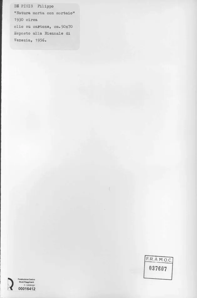 Anonimo , De Pisis, Filippo - sec. XX - Natura morta con mortaio , retro