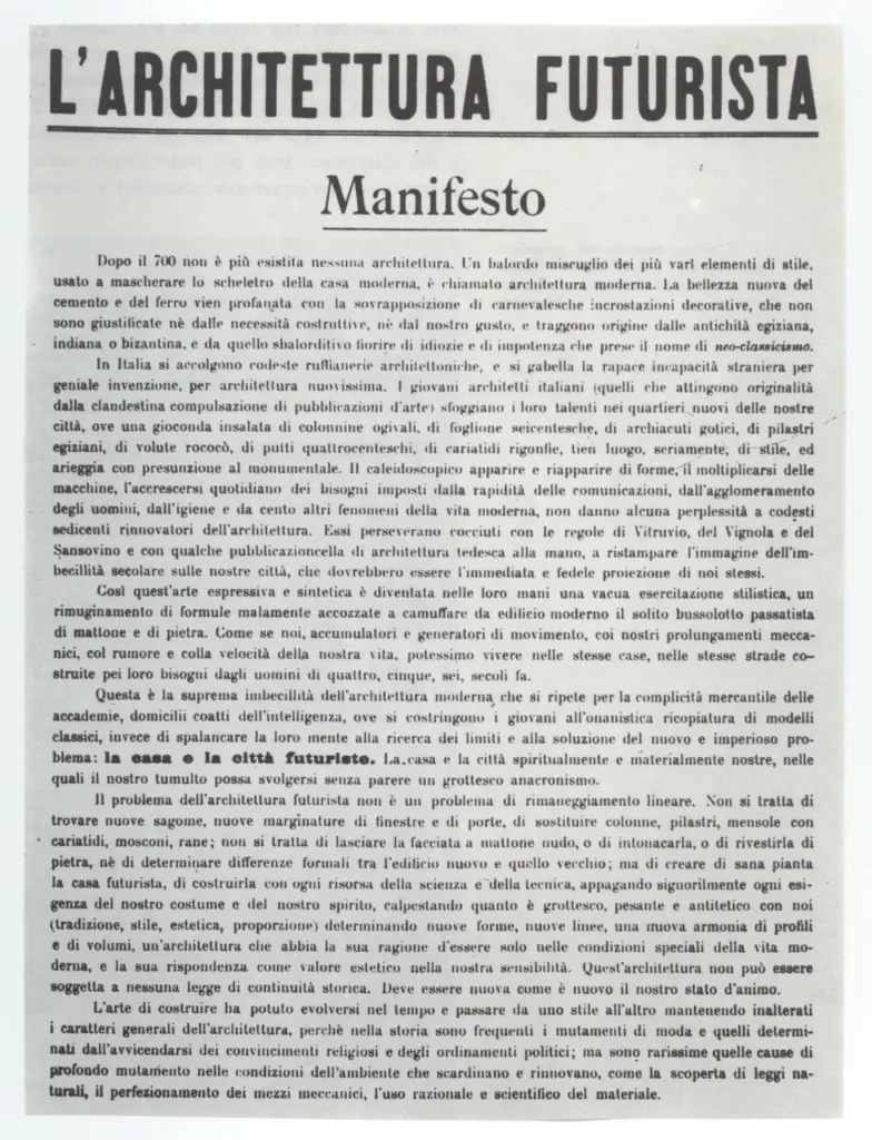 Sant'Elia, Antonio , Pagina del Manifesto "L'architettura futurista"