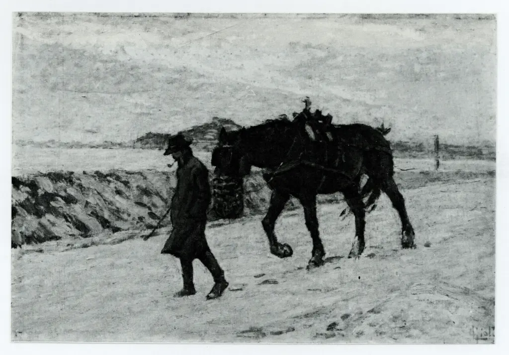 Gioli, Luigi , Uomo che cammina con cavallo alla briglia in un paese. Inv.