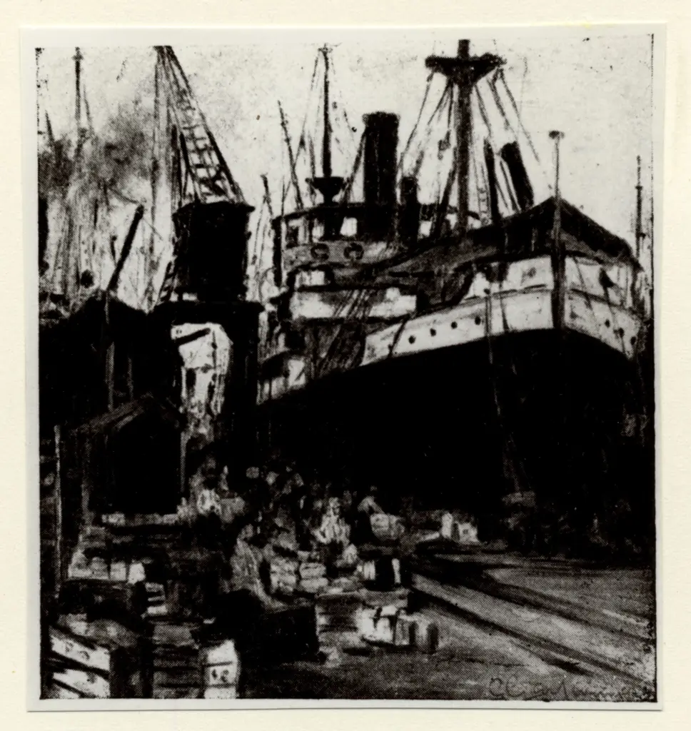 Anonimo , Giuliani, Giovanni - sec. XX - Nave presso il porto , fronte