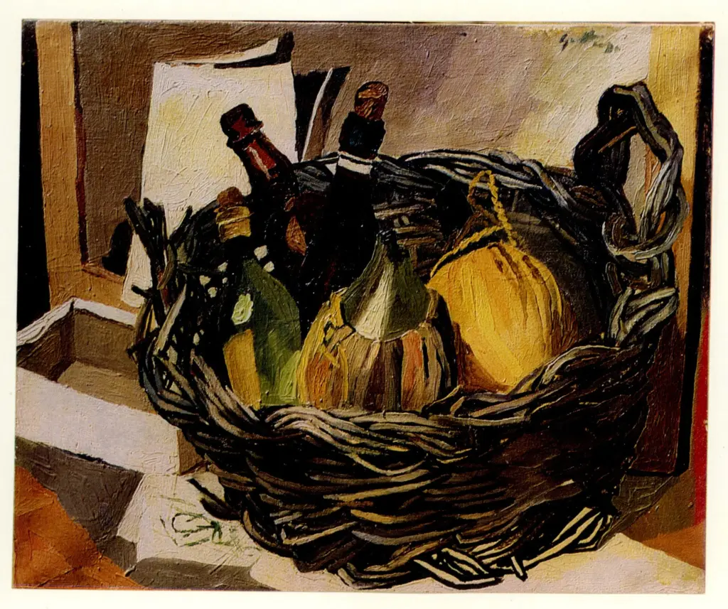 Guttuso, Renato , Cestino con fiaschi