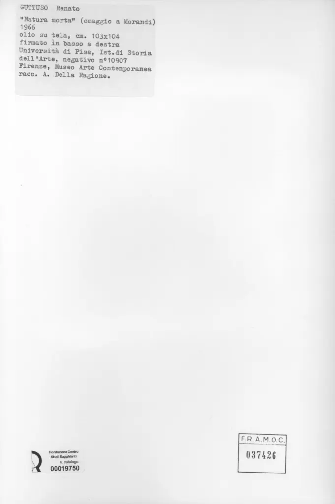 Anonimo , Guttuso, Renato - sec. XX - Natura morta - Omaggio a Morandi , retro