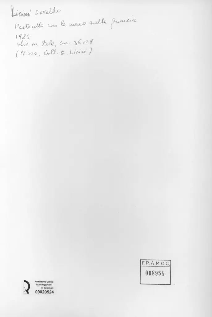 Anonimo , Licini, Osvaldo - sec. XX - Pastorello con la mano sulla guancia , retro