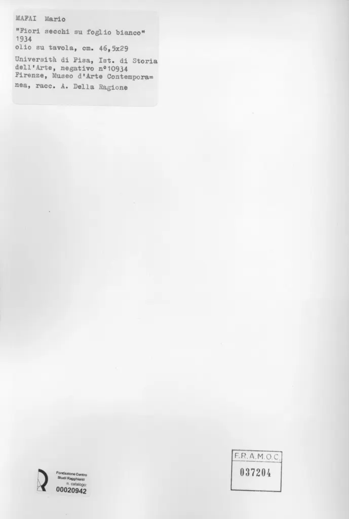 Universit&agrave; di Pisa. Dipartimento di Storia delle Arti&nbsp; , Mafai, Mario - sec. XX - Fiori secchi su foglio bianco , retro