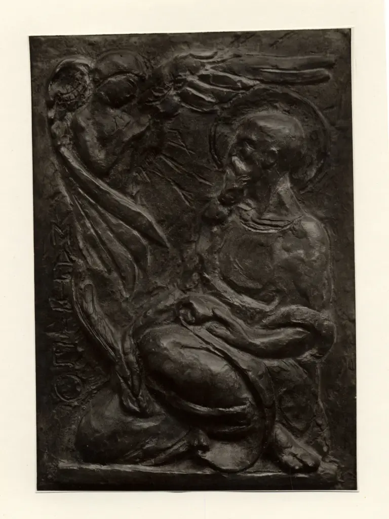 Giacomelli , Maraini, Antonio - sec. XX - Bozzetto per gli evangelisti della Cappella De Ferrari - Targhetta in bronzo , fronte