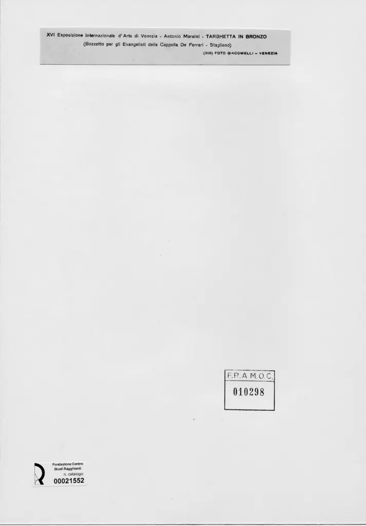 Giacomelli , Maraini, Antonio - sec. XX - Bozzetto per gli evangelisti della Cappella De Ferrari - Targhetta in bronzo , retro