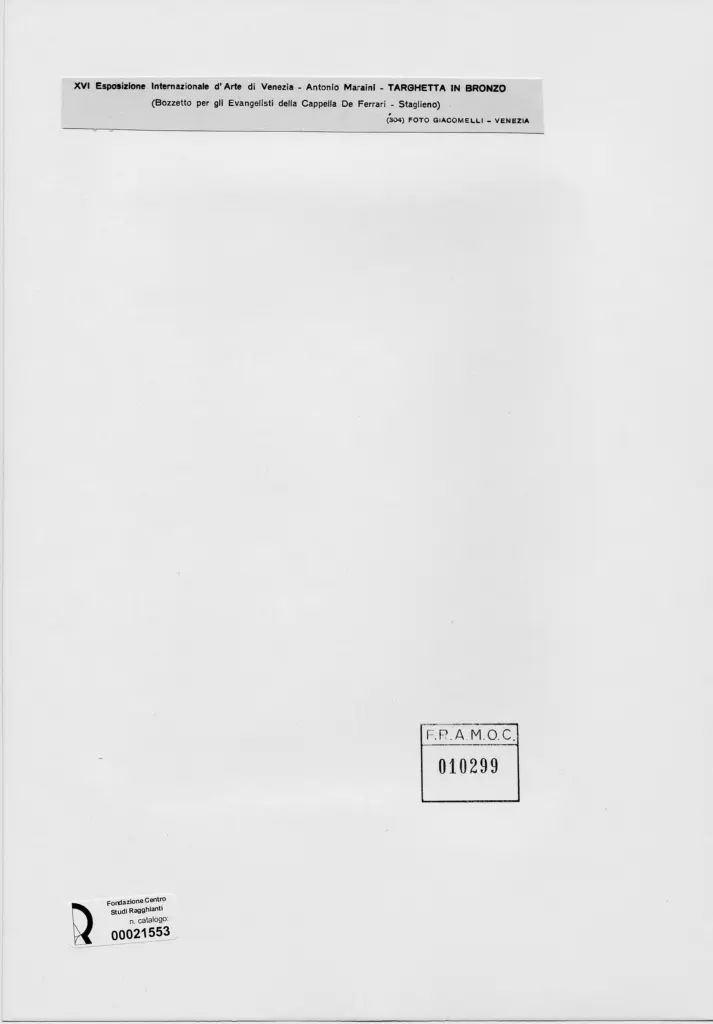 Giacomelli , Maraini, Antonio - sec. XX - Targhetta in bronzo (bozzetto per gli Evangelisti della Cappella De Ferrari - Staglieno) , retro