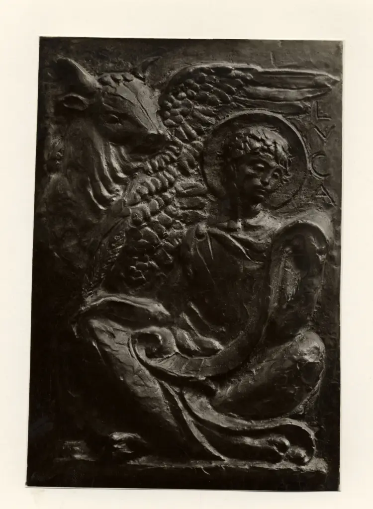 Giacomelli , Maraini, Antonio - sec. XX - Bozzetto per gli evangelisti della Cappella De Ferrari - Targhetta in bronzo , fronte