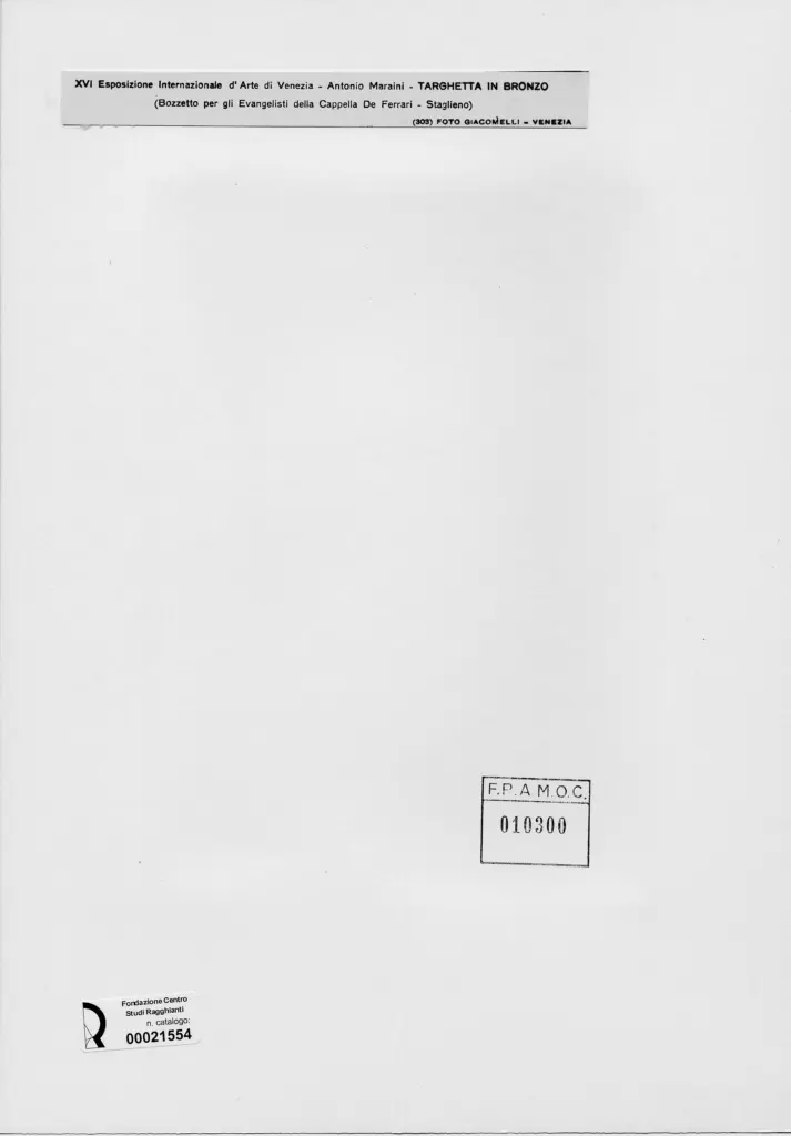 Giacomelli , Maraini, Antonio - sec. XX - Bozzetto per gli evangelisti della Cappella De Ferrari - Targhetta in bronzo , retro
