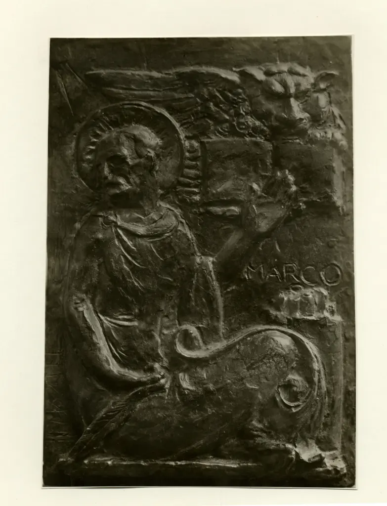 Giacomelli , Maraini, Antonio - sec. XX - Bozzetto per gli evangelisti della Cappella De Ferrari - Targhetta in bronzo , fronte