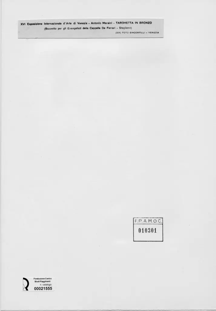 Giacomelli , Maraini, Antonio - sec. XX - Bozzetto per gli evangelisti della Cappella De Ferrari - Targhetta in bronzo , retro