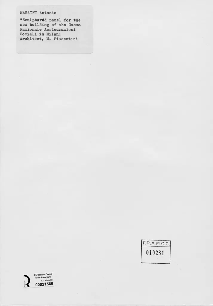 Anonimo , Maraini, Antonio - sec. XX - Scultura per il nuovo palazzo della Cassa Nazionale Assicurazioni di Milano , retro