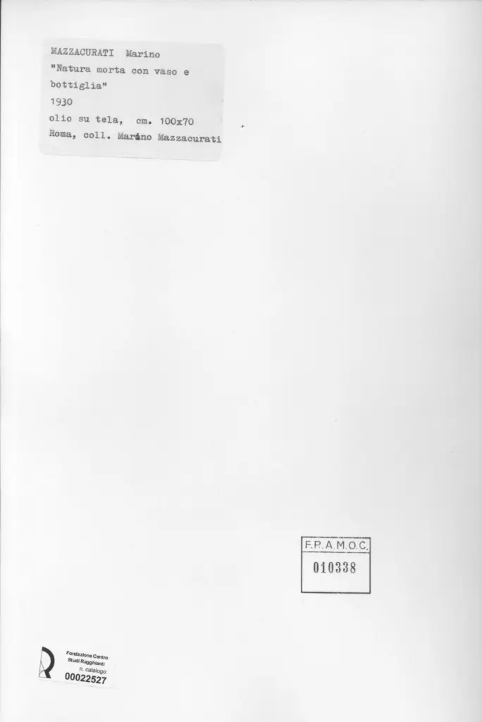 Anonimo , Mazzacurati, Marino - sec. XX - Natura morta con vaso e bottiglia , retro