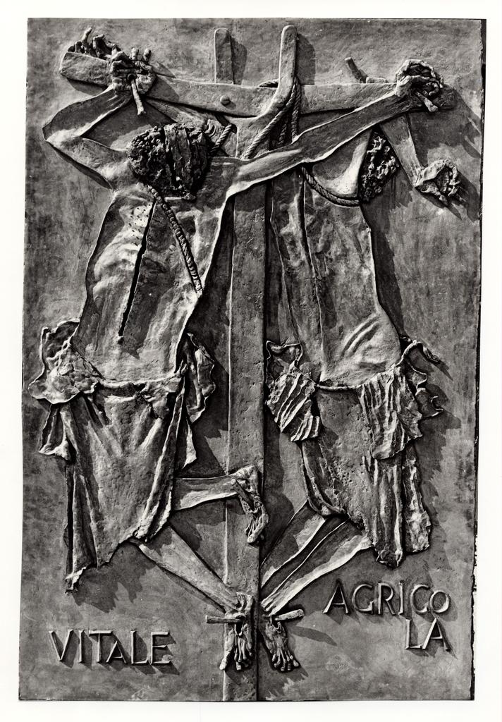 Minguzzi, Luciano , Vitale e Agricola - Formella della "Porta del Bene e del Male" in Vaticano