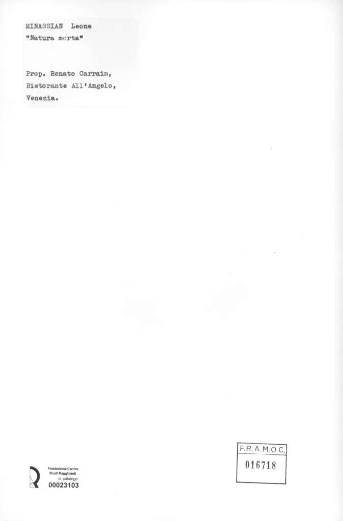 Anonimo , Minassian, Leone - sec. XX - Natura morta , retro