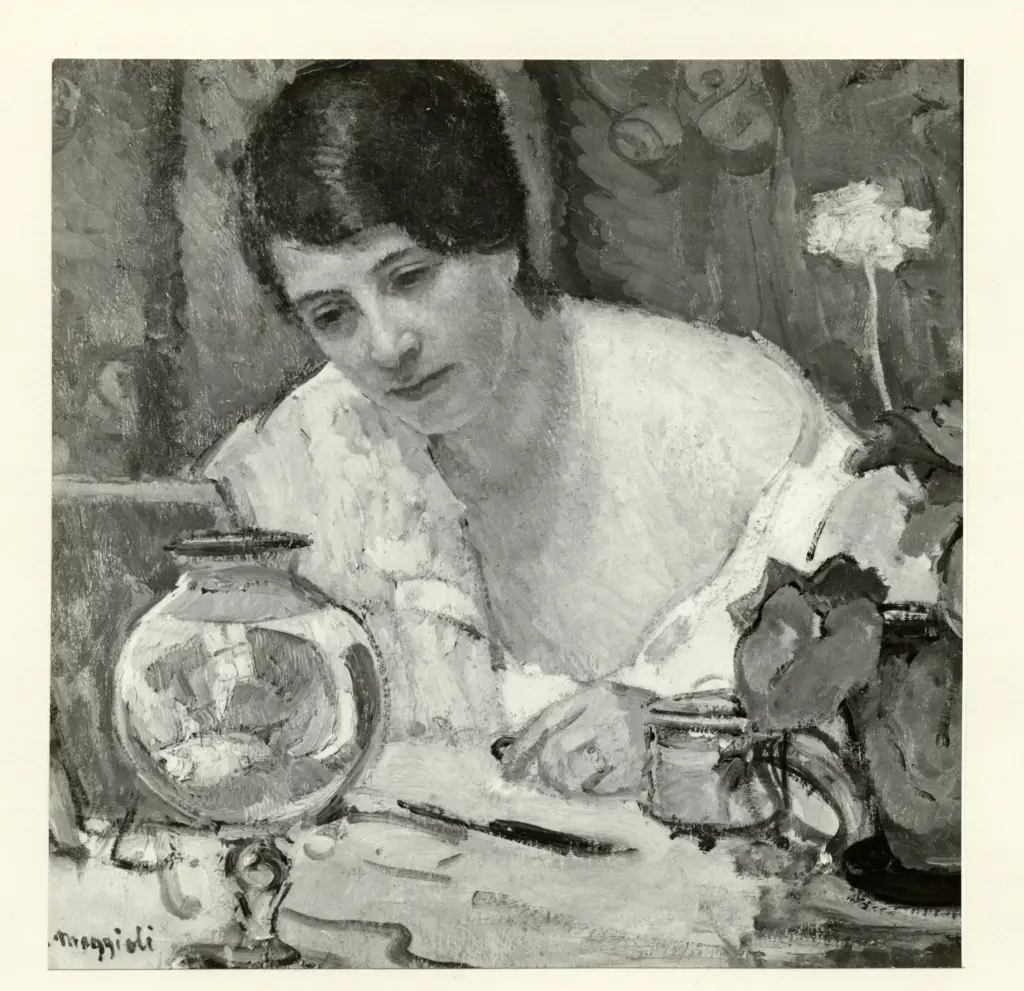 Anonimo , Moggioli, Umberto - sec. XX - La moglie con i pesci rossi