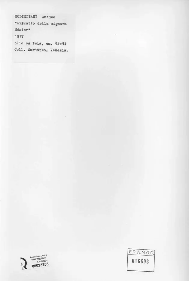 Anonimo , Modigliani, Amedeo - sec. XX - Ritratto della signora M&eacute;nier , retro