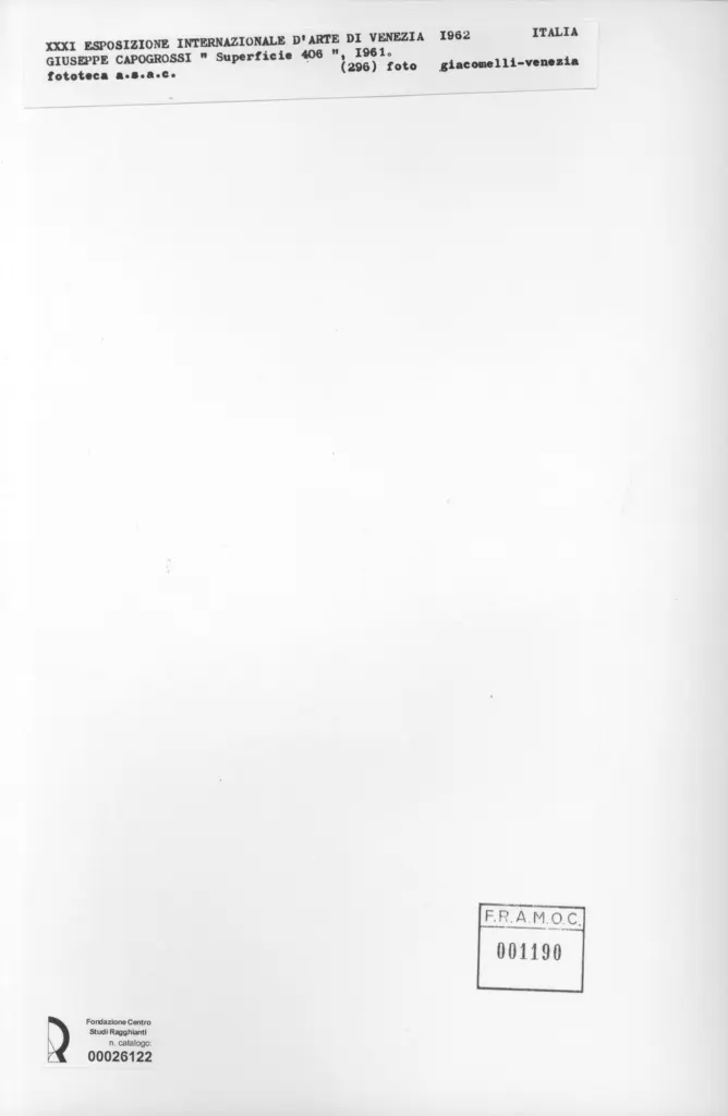 Giacomelli , Capogrossi, Giuseppe - sec. XX - Superficie 406 , retro