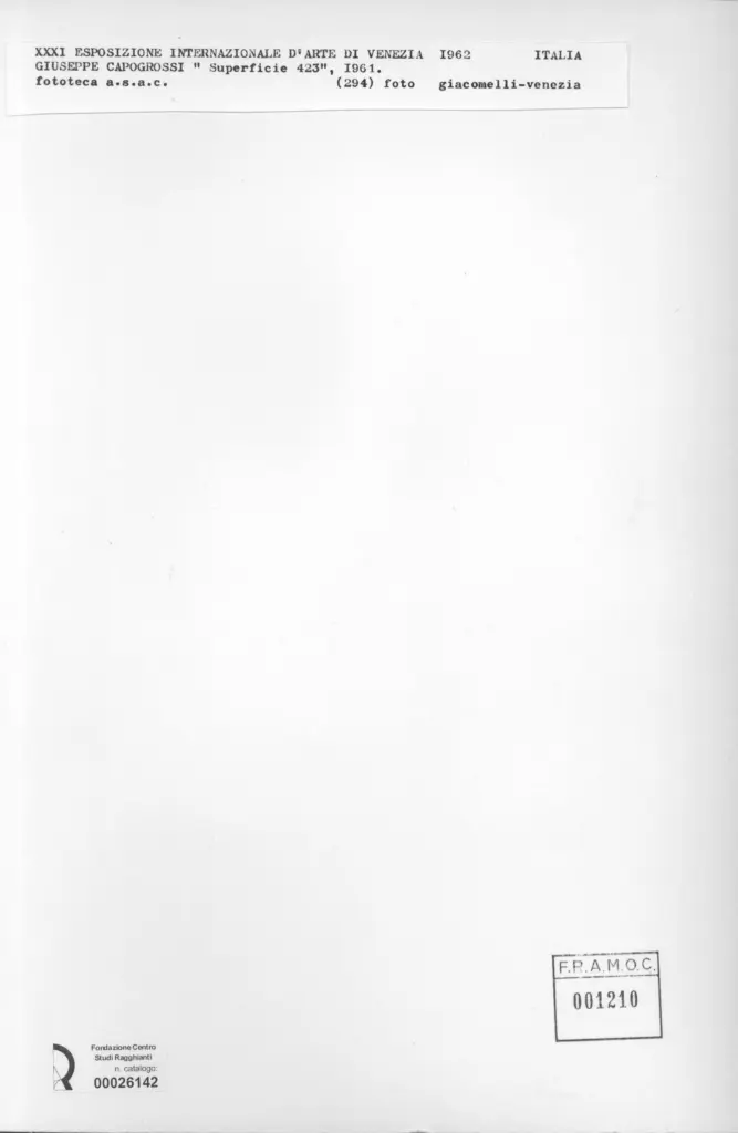 Giacomelli , Capogrossi, Giuseppe - sec. XX - Superficie 423 , retro