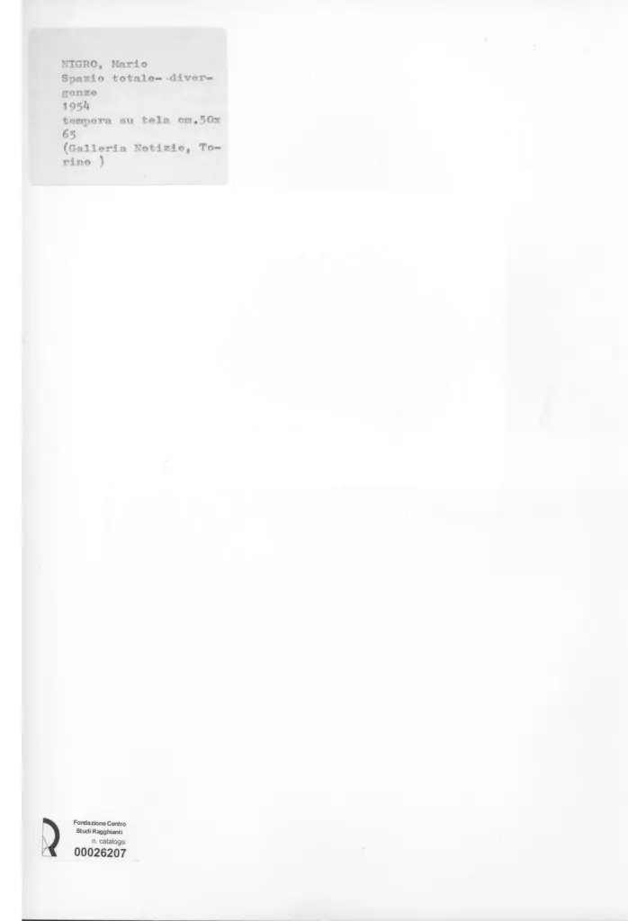 Anonimo , Nigro, Mario - sec. XX - Spazio totale-divergenze , retro