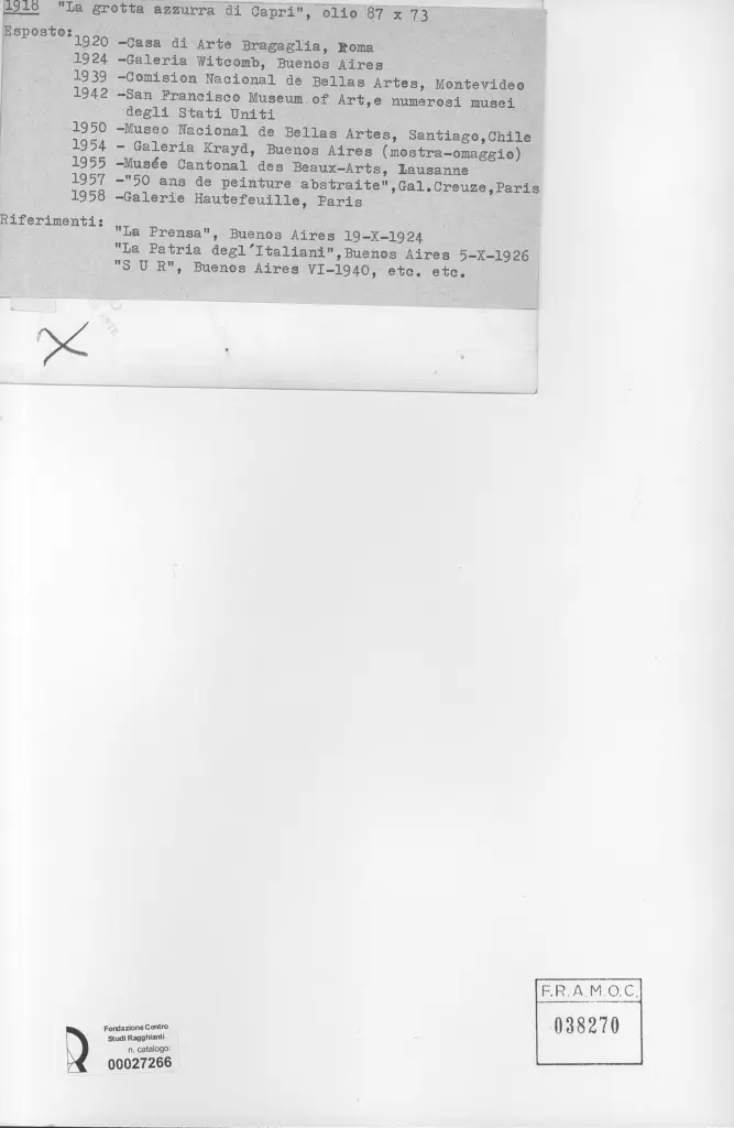 Anonimo , Pettoruti, Emilio - sec. XX - La grotta azzurra di Capri , retro