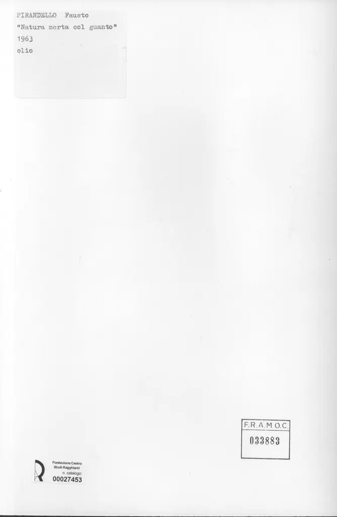 Anonimo , Pirandello, Fausto - sec. XX - Natura morta col guanto , retro