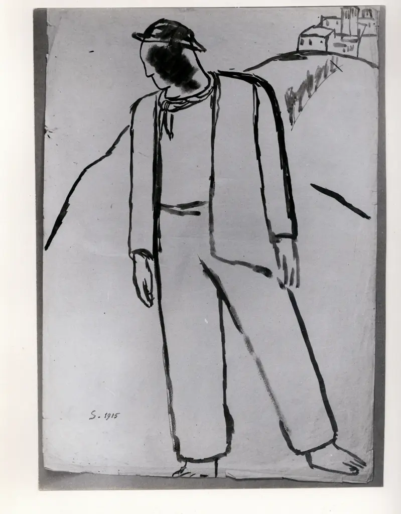 Anonimo , Pozzati, Severo - sec. XX - Contadino con paese alle spalle , fronte