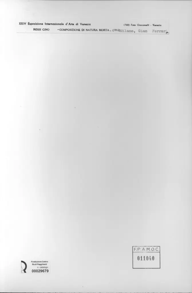 Giacomelli , Rossi, Gino - sec. XX - Composizione di natura morta , retro
