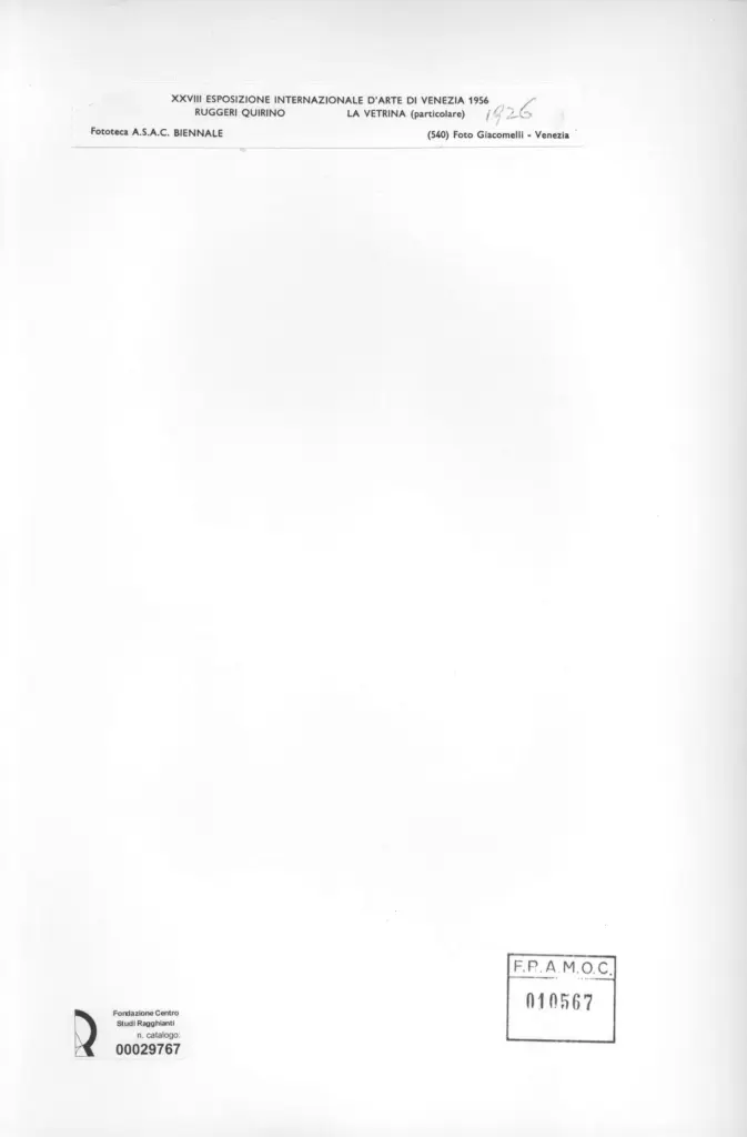 Giacomelli , Ruggeri, Quirino - sec. XX - La vetrina (particolare) , retro