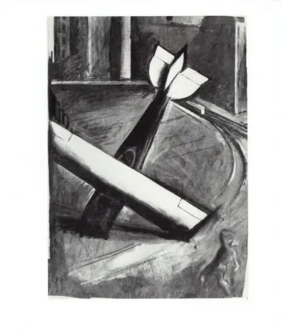 Anonimo , Sironi, Mario - sec. XX - Aeroplano con paesaggio urbano , fronte