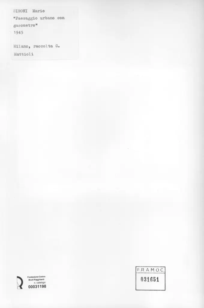 Anonimo , Sironi, Mario - sec. XX - Paesaggio urbano con gasometro , retro