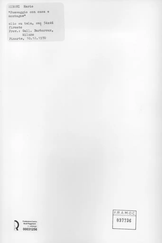 Anonimo , Sironi, Mario - sec. XX - Paesaggio con casa e montagne , retro