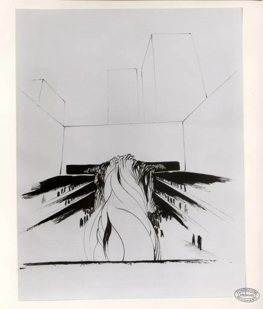 Anonimo , Somaini, Francesco - sec. XX - Piazza a pi&ugrave; piani attrezzata con un luogo centrale comunitario a copertura traslucida , fronte