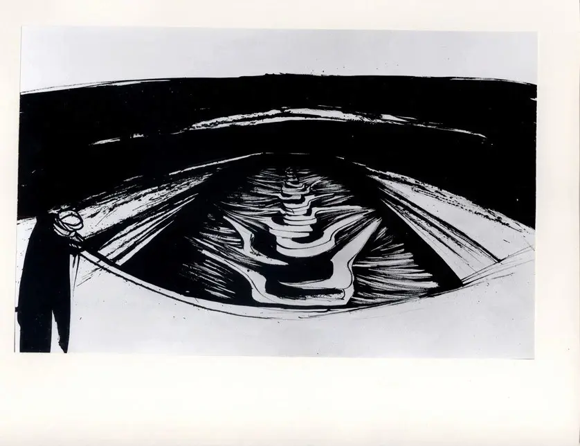 Anonimo , Somaini, Francesco - sec. XX - Piazza sotterranea a pi&ugrave; piani che si affaccia su parte di un elemento scolpito , fronte