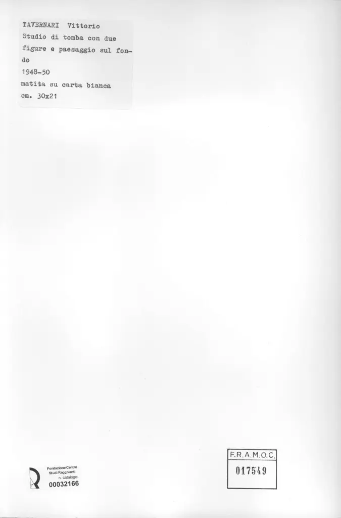 Anonimo , Tavernari, Vittorio - sec. XX - Studio per tomba con due figure e paesaggio sul fondo , retro