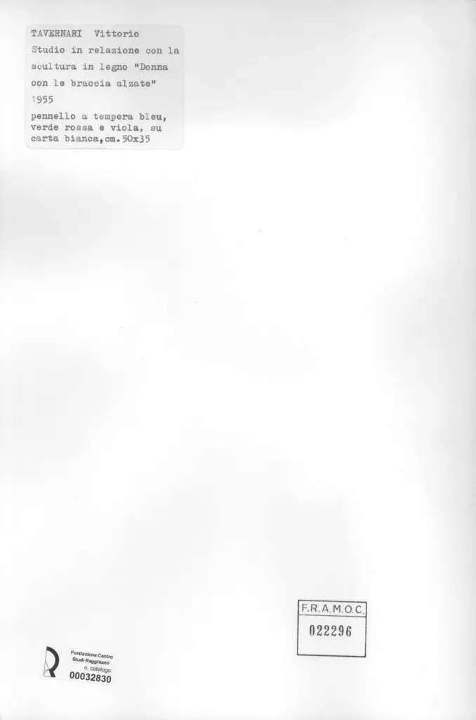 Anonimo , Tavernari, Vittorio - sec. XX - Studio in relazione con la scultura "Donna con le braccia alzate" , retro
