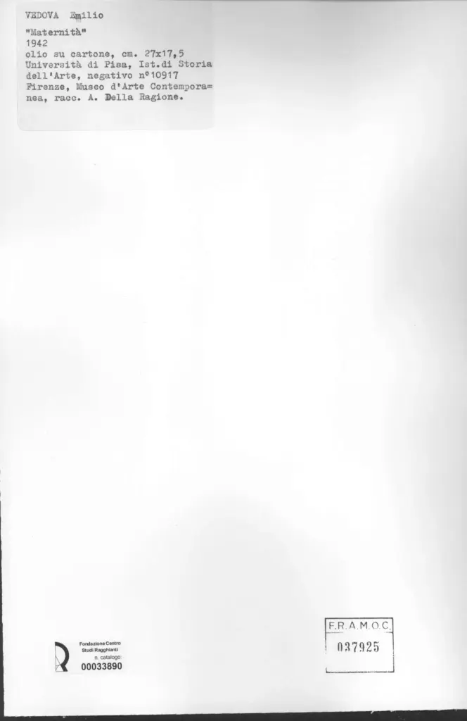 Universit&agrave; di Pisa. Dipartimento di Storia delle Arti , Vedova, Emilio - sec. XX , retro