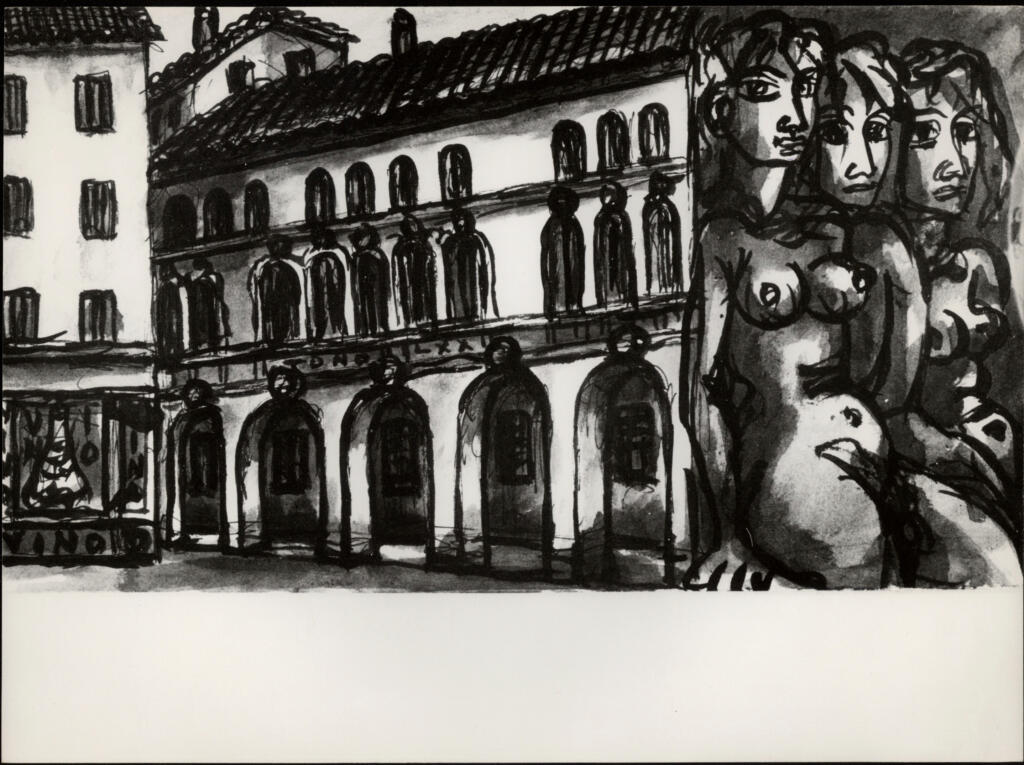 Anonimo , Zancanaro, Antonio - sec. XX - Tre nudi femminili con paesaggio , fronte