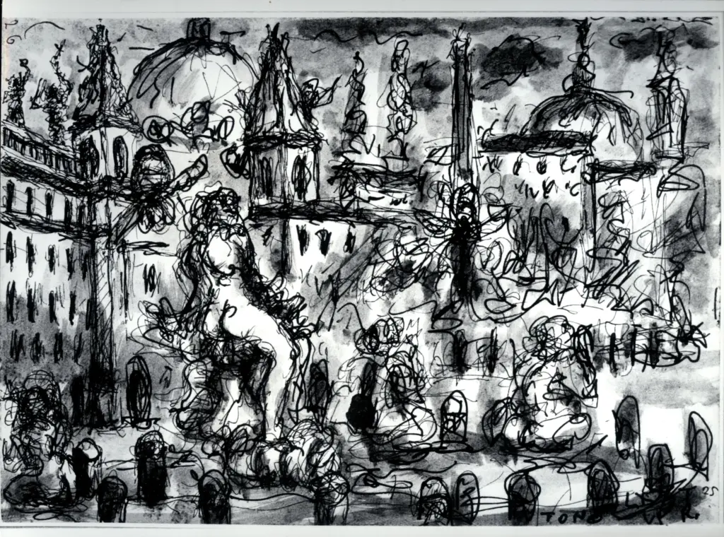 Anonimo , Zancanaro, Antonio - sec. XX - Piazza con monumento , fronte