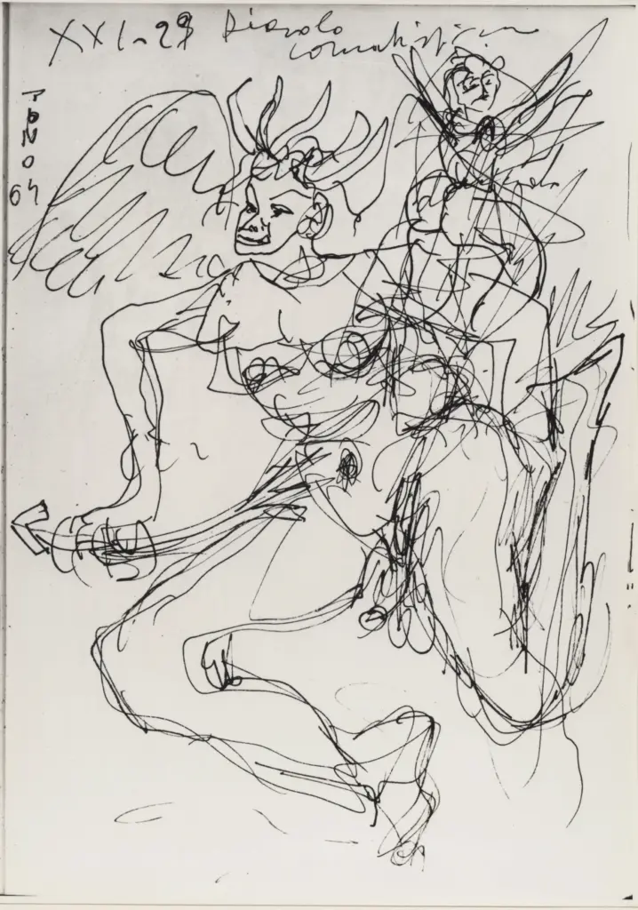 Universit&agrave; di Pisa. Dipartimento di Storia delle Arti , Zancanaro, Antonio - sec. XX - Diavolo cornutissimo - foglio 65 recto , fronte