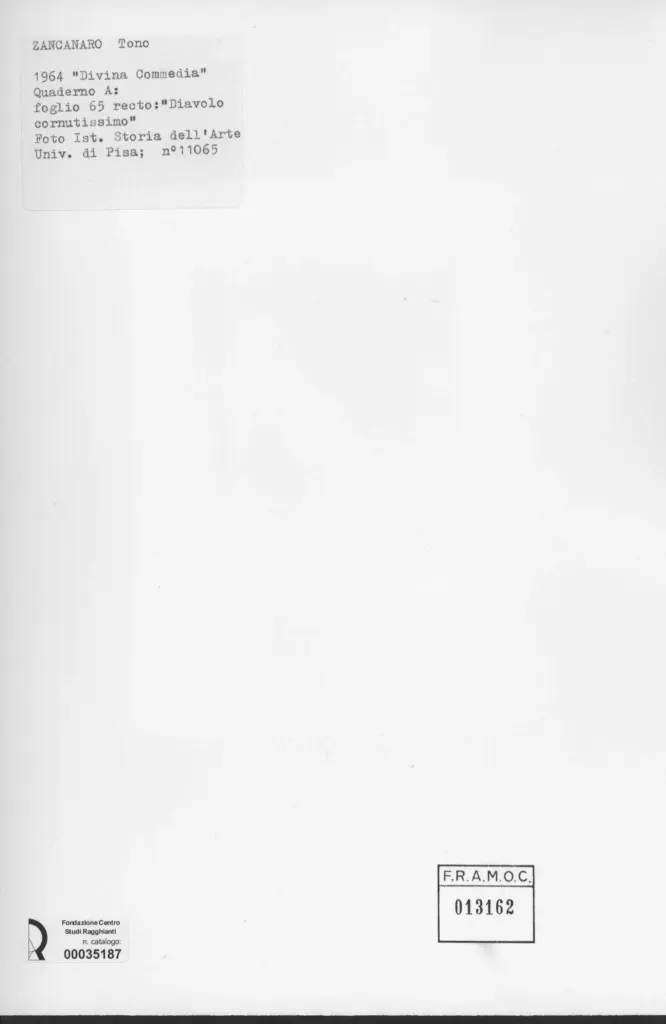 Universit&agrave; di Pisa. Dipartimento di Storia delle Arti , Zancanaro, Antonio - sec. XX - Diavolo cornutissimo - foglio 65 recto , retro