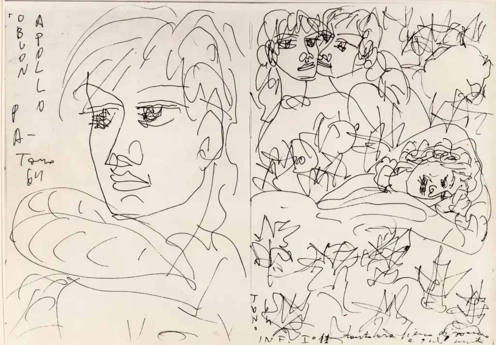 Universit&agrave; di Pisa. Dipartimento di Storia delle Arti , Zancanaro, Antonio - sec. XX - "O buon Apollo" e "Tanto era pieno di sonno a quel punto" - foglio 44 verso e foglio 45 recto , fronte