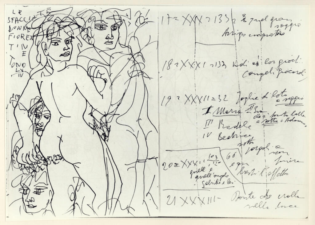 Università di Pisa. Dipartimento di Storia delle Arti , Zancanaro, Antonio - sec. XX - Le sfacciate donne fiorentine - foglio 43 verso e 44 recto , fronte
