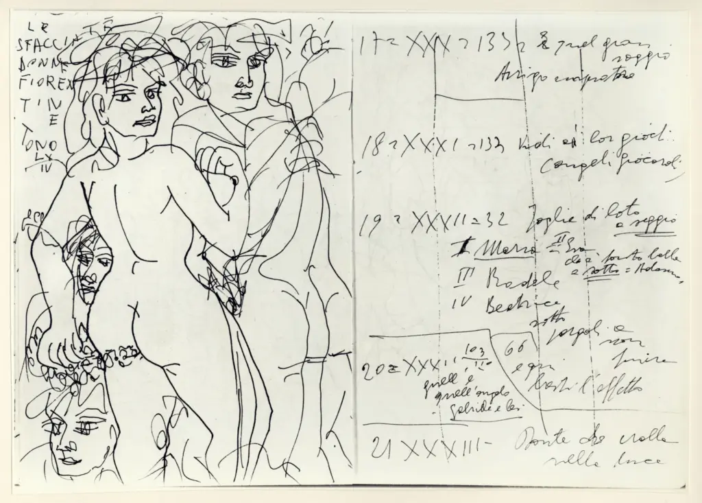 Universit&agrave; di Pisa. Dipartimento di Storia delle Arti , Zancanaro, Antonio - sec. XX - Le sfacciate donne fiorentine - foglio 43 verso e 44 recto , fronte