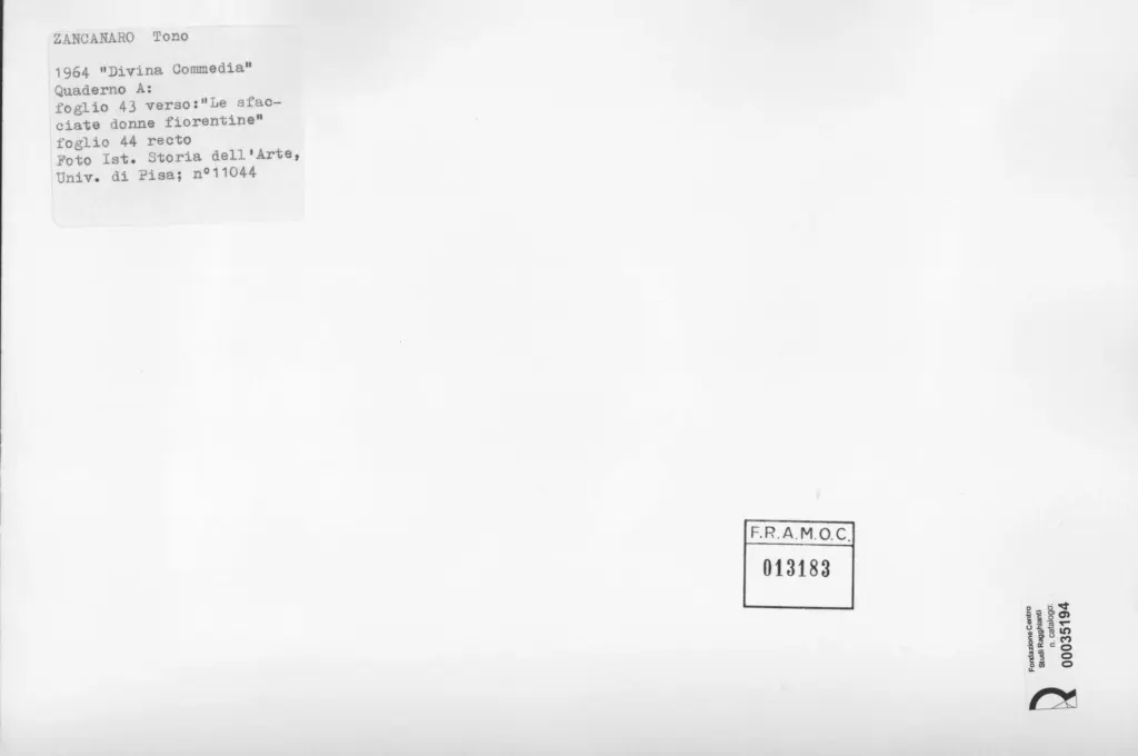 Universit&agrave; di Pisa. Dipartimento di Storia delle Arti , Zancanaro, Antonio - sec. XX - Le sfacciate donne fiorentine - foglio 43 verso e 44 recto , retro