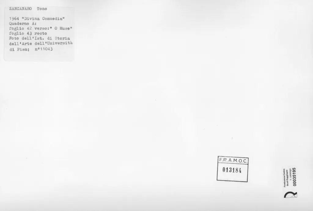 Universit&agrave; di Pisa. Dipartimento di Storia delle Arti , Zancanaro, Antonio - sec. XX - O Muse - foglio 42 verso e foglio 43 recto , retro