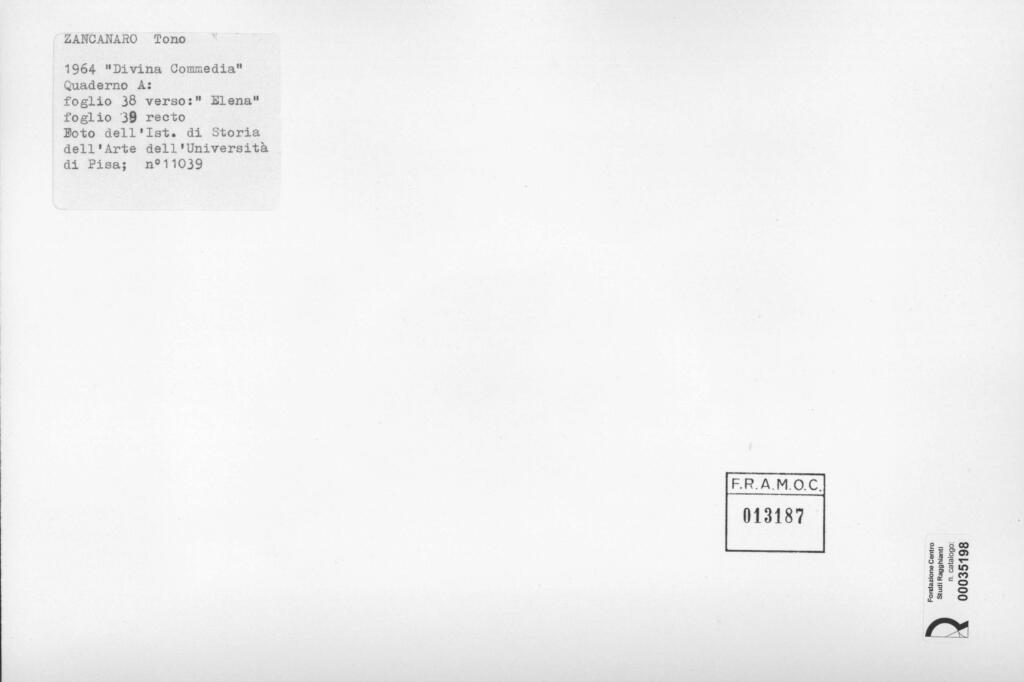 Università di Pisa. Dipartimento di Storia delle Arti , Zancanaro, Antonio - sec. XX - Elena - foglio 38 verso e foglio 39 recto , retro