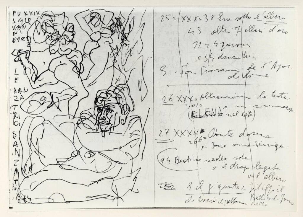 Università di Pisa. Dipartimento di Storia delle Arti , Zancanaro, Antonio - sec. XX - S. Giovanni dormiente e le danzatrici - foglio 39 verso e foglio 40 recto , fronte