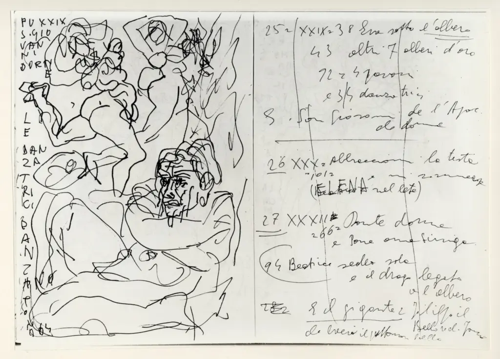 Universit&agrave; di Pisa. Dipartimento di Storia delle Arti , Zancanaro, Antonio - sec. XX - S. Giovanni dormiente e le danzatrici - foglio 39 verso e foglio 40 recto , fronte